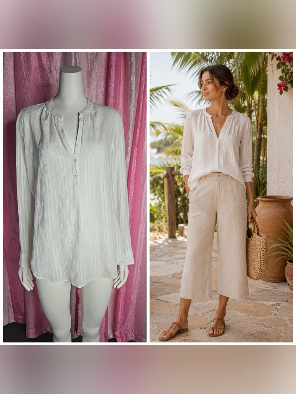Vince White Shirred Cotton Popover Neck Resort Vacation Tunic Blouse Size 8